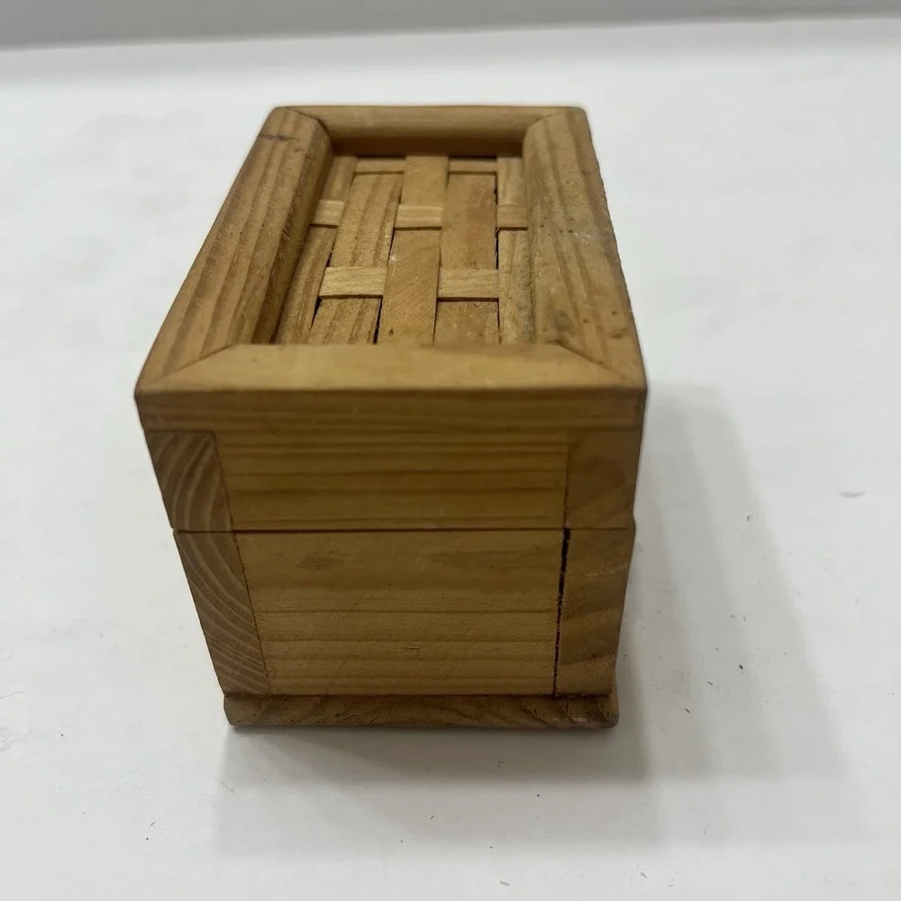 Wooden Handmade Mini Trinket Box Woven Hinged Lid Metal Latch 3.5x2.25x2
